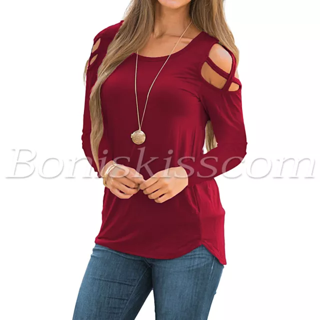 Women's Casual Cold Shoulder Loose Strappy Long Sleeves Tunic Tops Basic T-Shirt