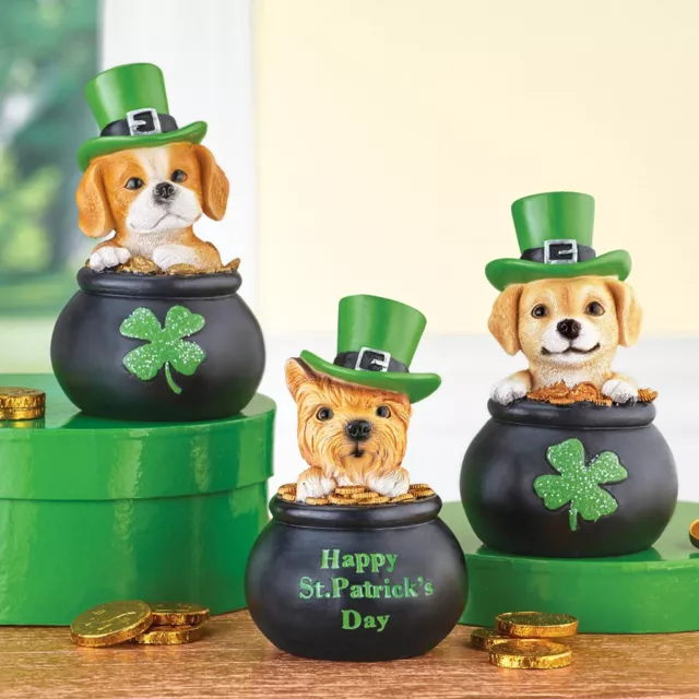 Set of 3 Puppy Dog in Pot of Gold St Patricks Day Figurine Statue Tabletop Decor