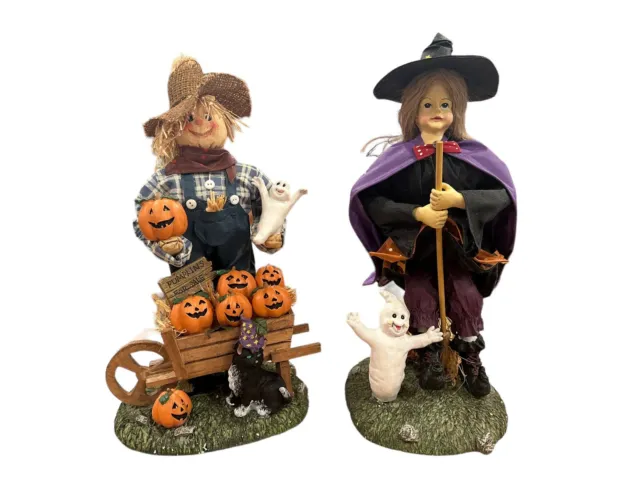 Halloween Scarecrow & Witch 13" Fabric Mache & Polyresin Figurines EUC