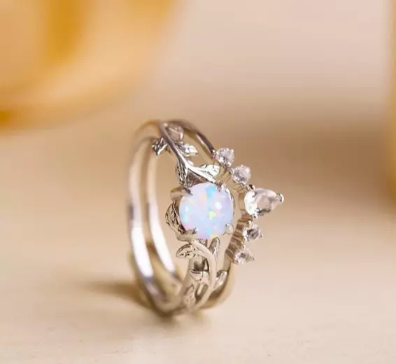OPAL ENGAGEMENT RING, Unique Opal wedding ring set, White Opal promise ...