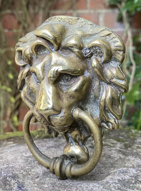 Antique Good Little Solid Brass Lion Mask Bust Door Knocker Garden Interior
