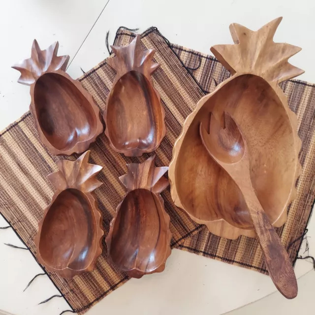 Vintage Wood Monkey Pod Pineapple Bowl Set 1 LRG Serving Bowl 4 SM Philippines