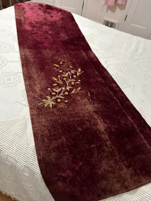 Antique Victorian Velvet Embroidered Runner, Panel, Piano Cover 21 x 70