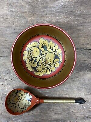 Hand painted Hand turned & carved wood bowl and spoon