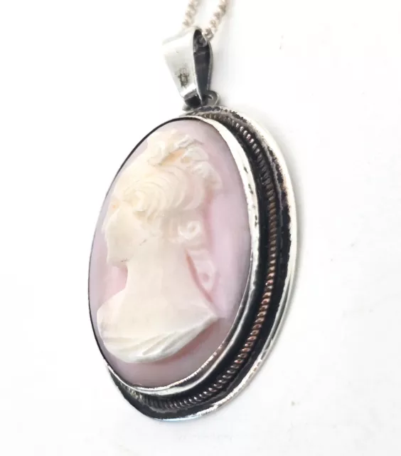 Pink angel skin coral carved cameo vintage sterling silver pendant necklace 2