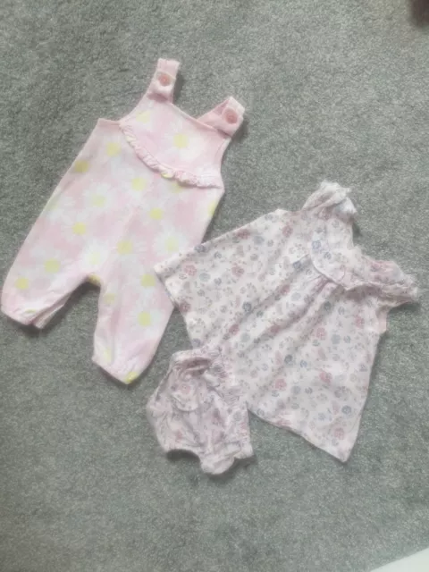Baby Girls Summer Bundle Dress Knickers Set Dungarees 0-3 Months pink floral w
