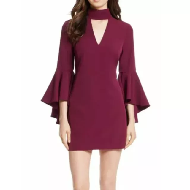 MILLY Burgundy Wine Andrea Bell Sleeve Choker A-Line Mini Dress Size 4