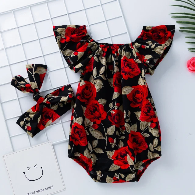 Newborn Baby Rose Print Flutter Romper Girls Summer Jumpsuit Outfit Photo Shoots 4