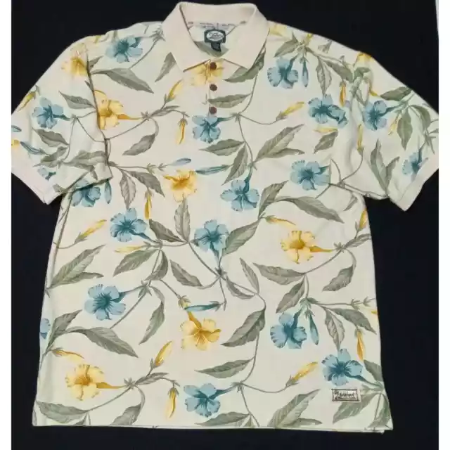 Tommy Bahama Polo Shirt XL Tropical Short Sleeve 3 Button Yellow Floral Cotton