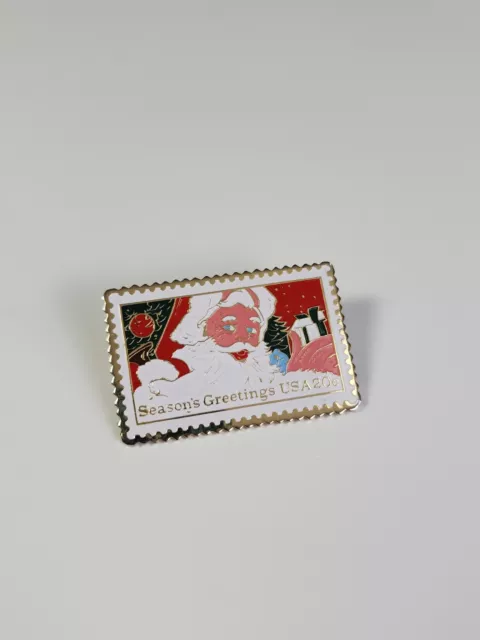 USPS Seasons Greetings Lapel Pin USA 20 Cent Stamp 1987 Santa Claus