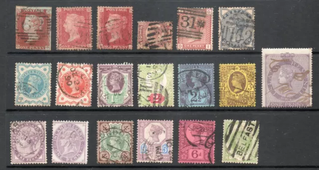 1800's Queen Victoria Collection of 19 Different Stamps GREAT BRITAIN Penny Red