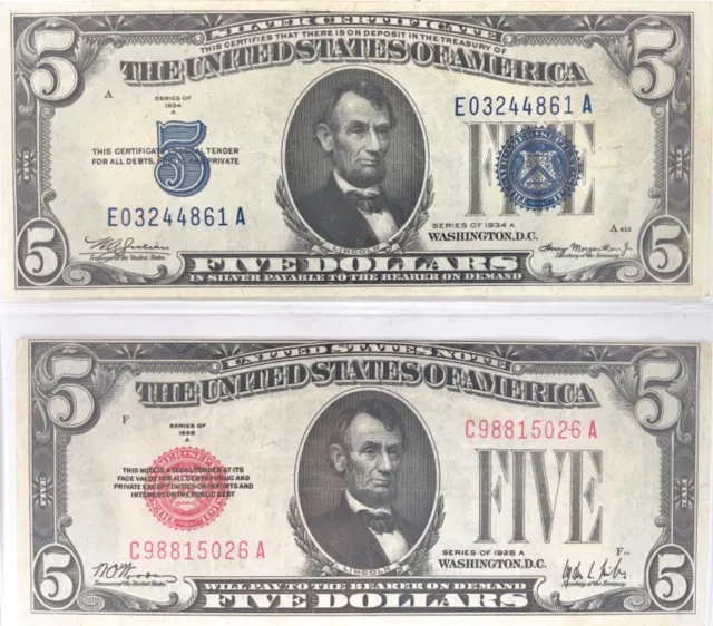 US Silver Certificate Fr# 1651 $5 (1934A), US Red Seal Fr# 1526 $5 (1928A) VF+