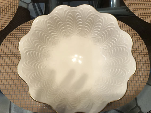 Lenox China Large Footed Gold Rimmed Embossed Leaf Plume Centerpiece Fruit  Bowl