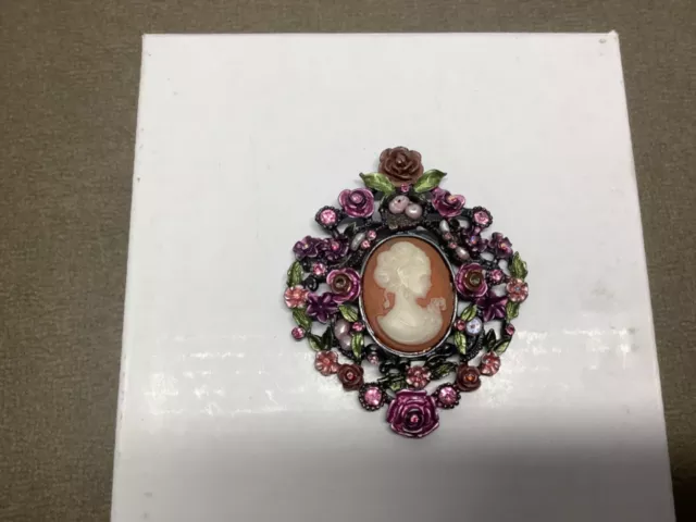 Cameo and Purple Floral Pendant Costume Jewelry - 2 3/4” x 2”