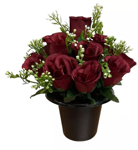 Artificial flowers arrangement In Memorial Grave Pot. Maroon roses with Gyp 008