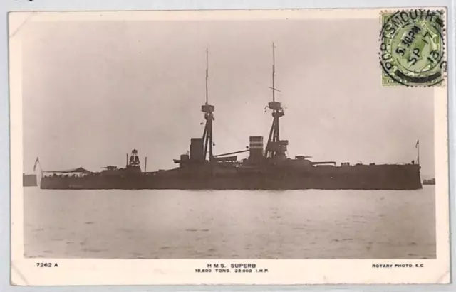 GB NAVAL Postcard *HMS SUPERB* Real Photo KGV View Side 1913 Portsmouth CDS PF29 2