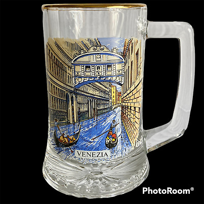 Vintage Venice Venezia Italy Glass Beer Stein Mug Cup Gondola Canal Scene