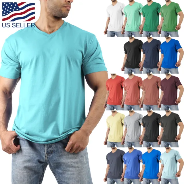 Mens V Neck T shirts Short Sleeve Solid Premium Cotton Basic Tee Casual