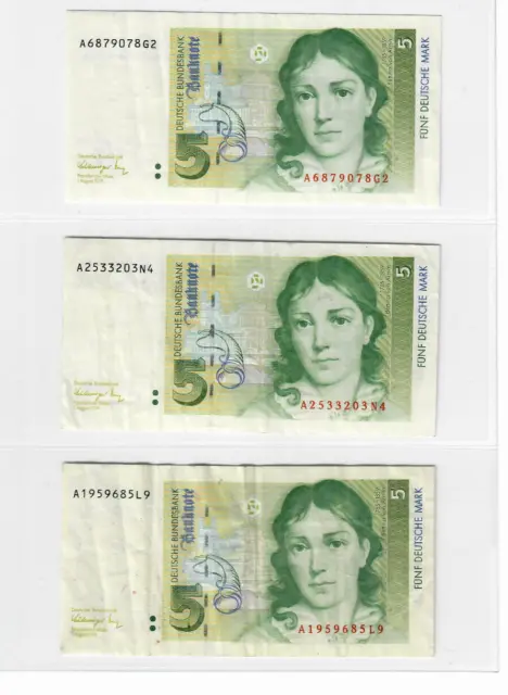 BRD Deutsche Mark 3 x 5 DM Scheine Banknoten