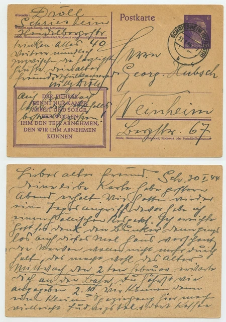 106775 - Ganzsache P 312 /08 - Postkarte - Schriesheim 31.1.1944 nach Weinheim