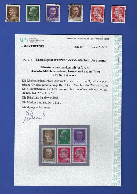 WKII Kotor 1944 , Nr. 1-6  kompletter Satz ,  inkl. Attest einwandfrei  **  !!