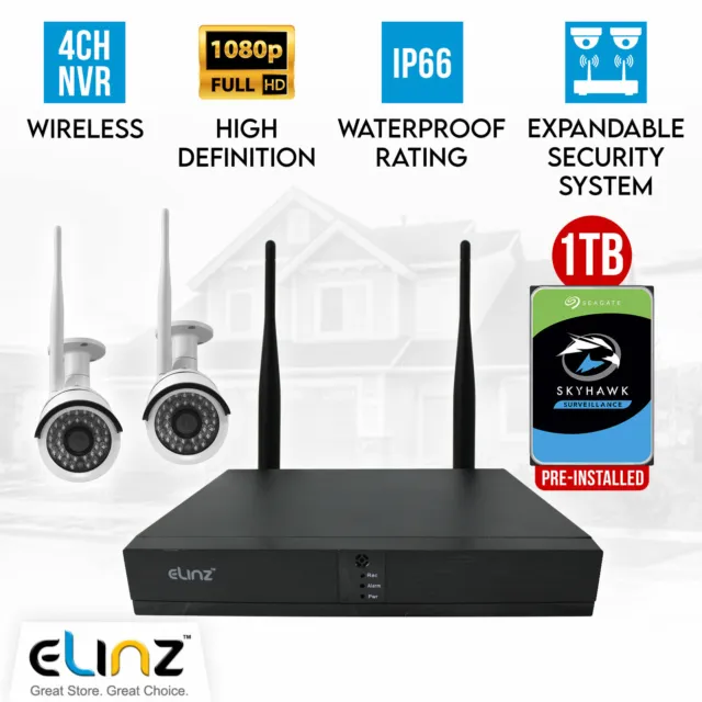 Elinz NVR Security System 4CH CCTV Wireless 2x Camera 1080P 2MP IP WiFi 1TB H265