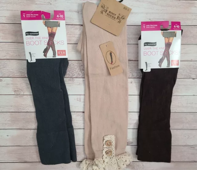 NEW Women's Over The Knee Boot Socks 3 Pairs 4-10 Gray Brown & Cream Lace