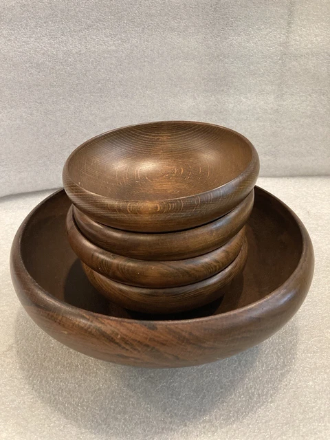 vintage wooden salad bowl set Hand Carved Hardwood Japan