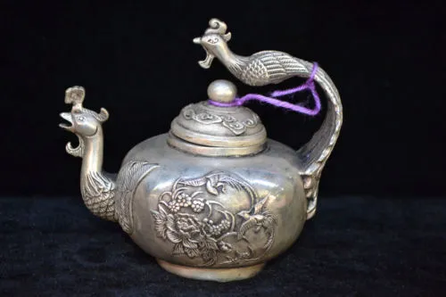 Collectible Chinese Old Tibet Silver Handwork Phoenix Rare Antique Big Teapot