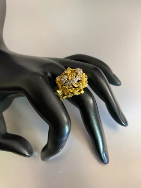 Solid 18K Yellow & White Gold Domed Oak Leaf Natural Diamond Ring Women NICE L👀