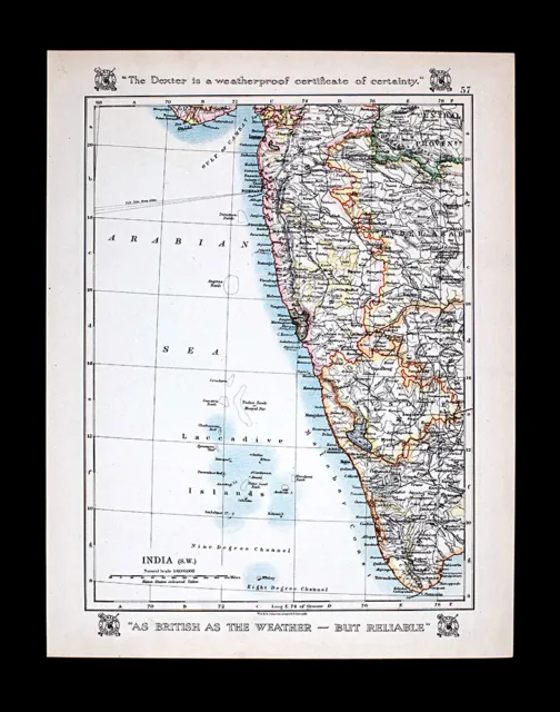 1921 Johnston Map SW India Coast Bombay Goa Calicut Cochin Bellary Harihar Miraj