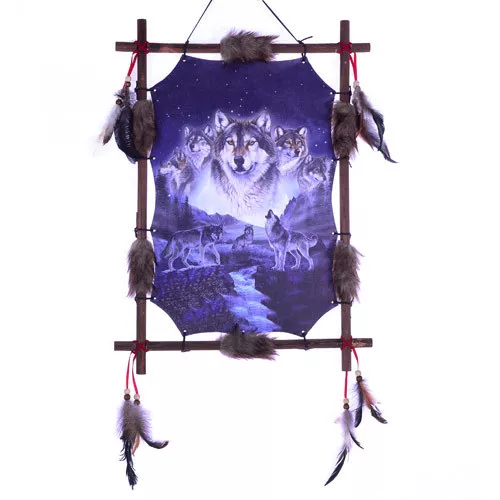 22"x16" Night Wolf Pack Wolves Dream Catcher Wall Hang Decor Feathers Wood Frame