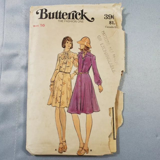 Butterick Vtg Pattern 3908 Misses Shirt Waist Dress Full Button Front 16 CUT 70s
