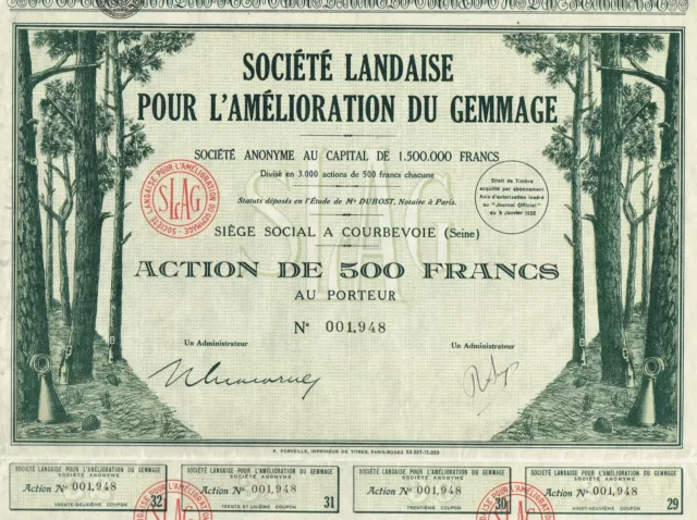 FRANCE TREE TAPPING COMPANY stock certificate 1932