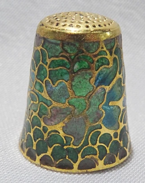 Vintage Thimble Plique a Jour Thimble Flowers Enamel Glass Collectors Brass