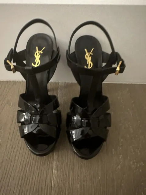 YSL Tribute Patent Leather T-Strap Platform Sandals Black Size 37