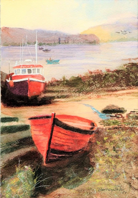Acuarela Original De Berruguete, Marismas Rio Eo 2 Watercolour Aquarelle Oferta