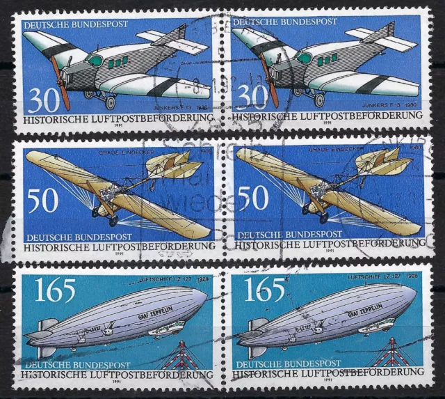 Bund / BRD aus 1991 Mi 1522 1523 1525 als Paare historische Luftpost gestempelt