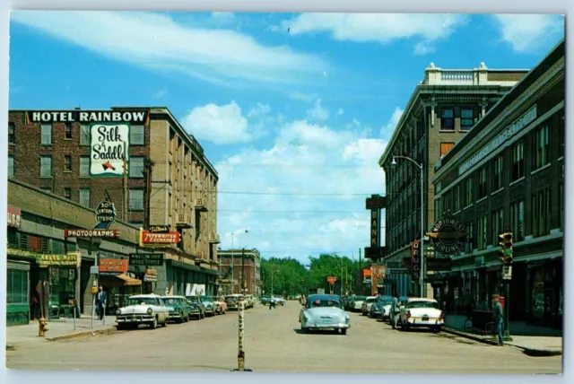 Great Falls Montana MT Postcard Street Scene Rainbow Hotel Classic Cars c1960