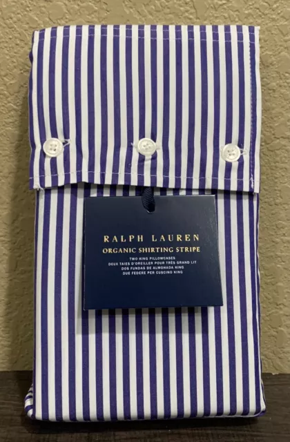 Set of 2 Ralph Lauren Shirting Stripe Organic Cotton King Pillowcases Navy/White