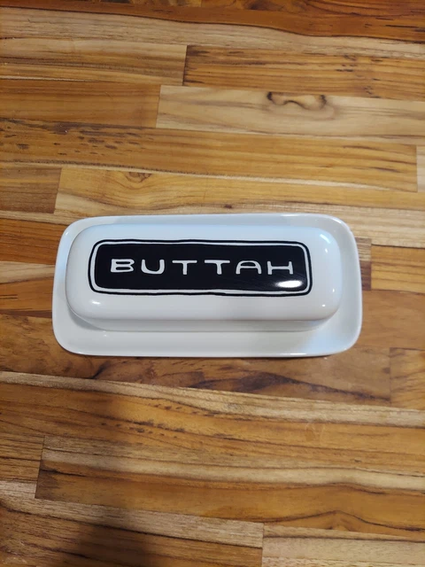 Raro plato de mantequilla ""Buttah"" blanco negro cerámica firmado por Kristina Sam