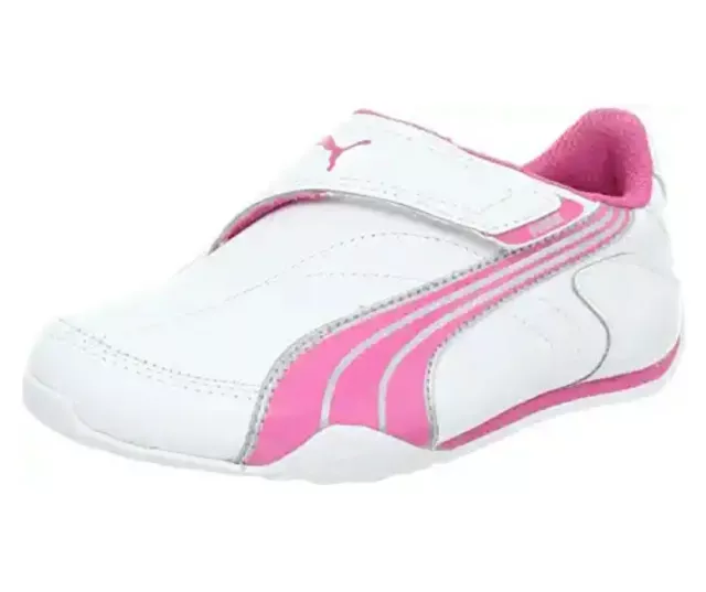 New Puma Jiyu NM Jr Leather Sneaker Childrens Size 2 white/pink no Laces Junior