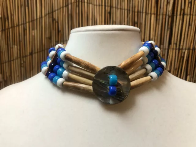 Native American Handmade Abalone Shell Glass Beads Bone Concho Choker Necklace