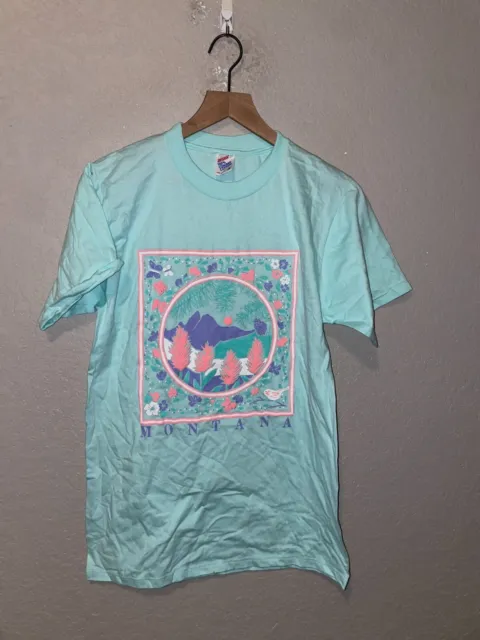 1989 Vintage MT Montana Mounains State Colorful Graphic Blue Shirt 80s VTG M Med
