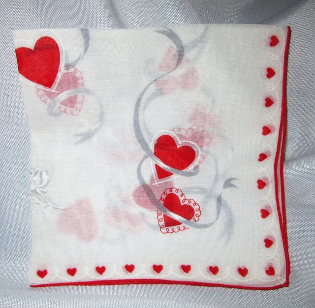Vintage Hankie Romantic Valentine Hearts Galore Ribbons & Roses