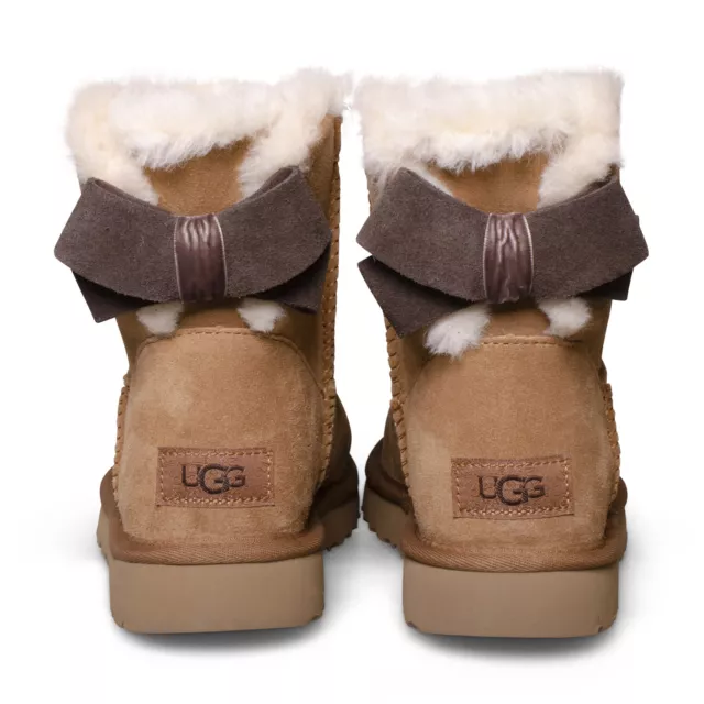Ugg Mini Bailey Suede Bow Chestnut Sheepskin Ankle Women's Boots Size Us 8 New
