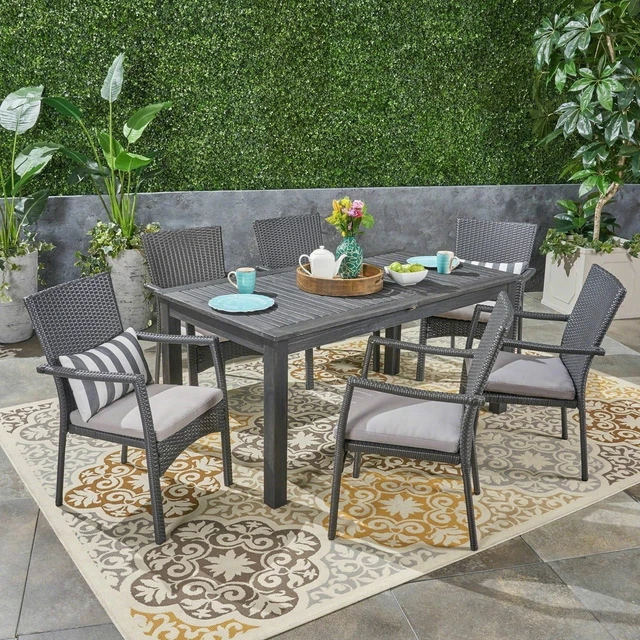 Louis Outdoor 7 Piece Wood and Wicker Expandable Dining Set