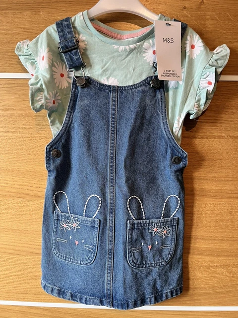 M&S t-shirt e denim set abito felce con tasche coniglio nuova con etichette 3-4 anni