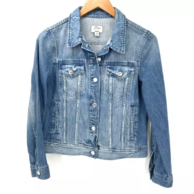 J Crew Jean Jacket Blue Denim Cropped Button Up Womens Medium Distressed Classic