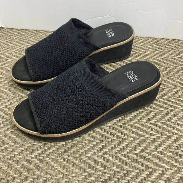 Eileen Fisher Telly Recycled Stretch Knit Wedge Sandal Slip On Black Women's 7